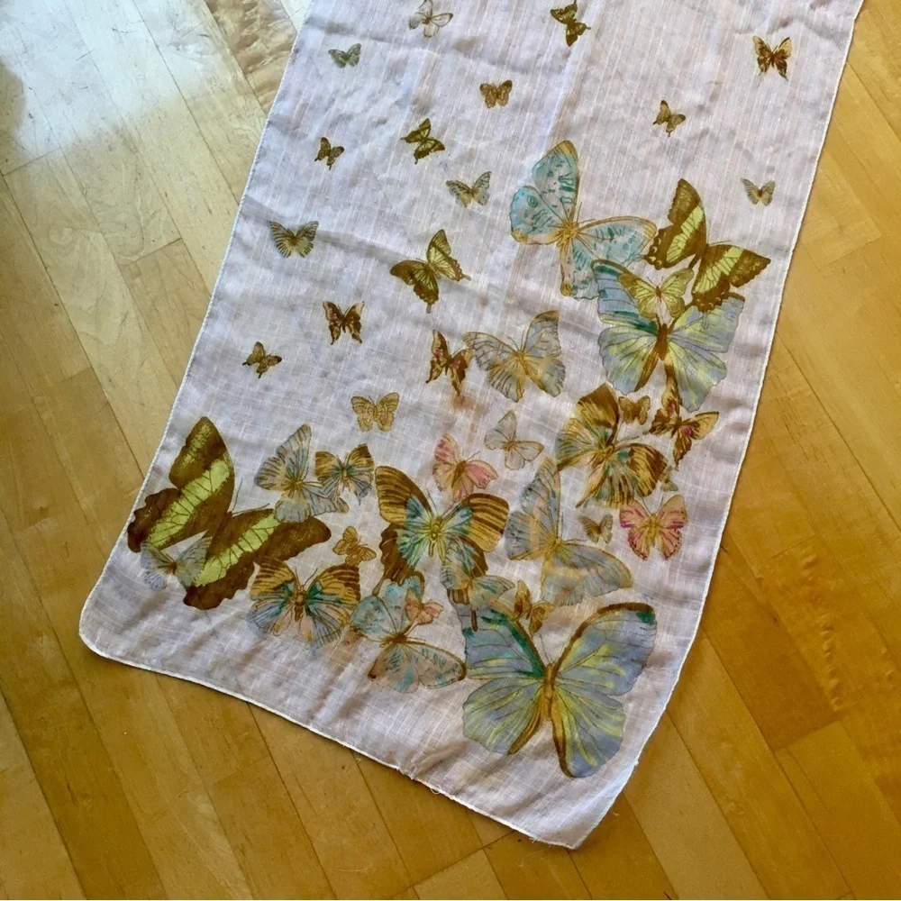 Butterfly Print Sheer, Lightweight Scarf, Ivory, Cream, Ecru, Colorful